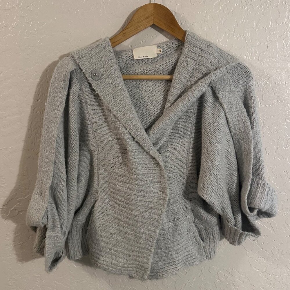 Y M.o.l. Knits Cotton Angora Blend Grey Cropped Chunky Knit Cardigan Sweater